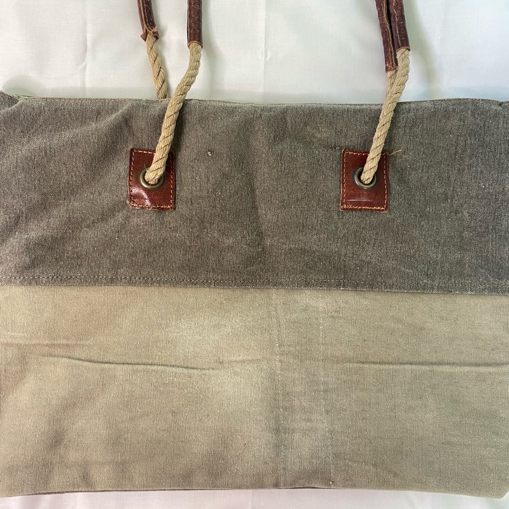 Mona B Canvas Patchwork Tote Bag in Brown and Olive - Picture 8 of 8